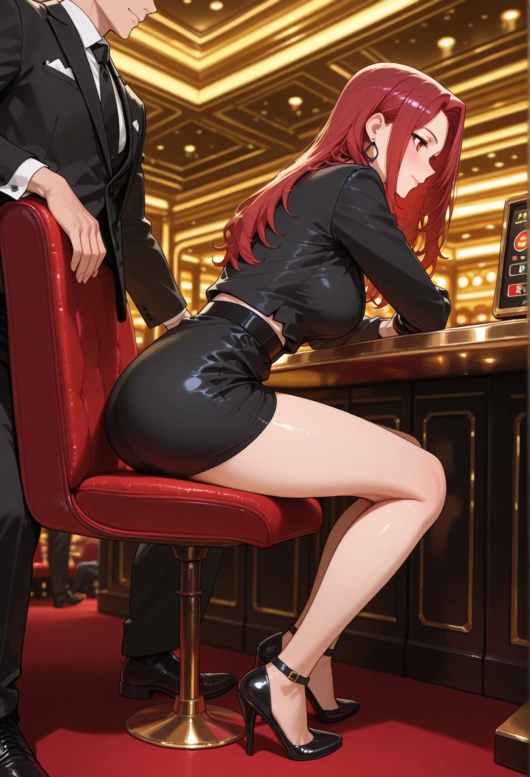 In a bar,there is a girl,Perfect face,long legs, big breasts, high quality, black色高跟鞋, black色长, black色裙子, masterpiece, slender figure,black,There is also a middle-aged uncle in the picture,Wear a suit,Very temperamental