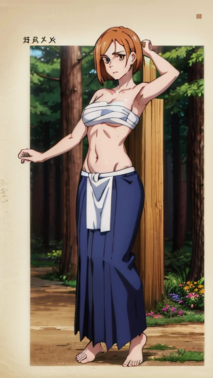 masterpiece, highest quality,
1 girl,black hair, ponytail, green eyes, head band, topless、Sarashi、Chest sarashi、bandage、loincloth、Big standing, alone, looking at the viewer, Ocean, sand, blue sky, Tropical island background