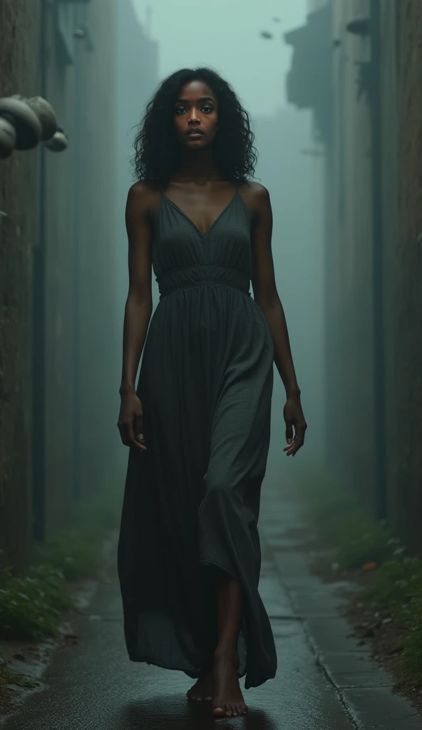 A black woman on a road with a torn and damaged dress from the back with dark tones