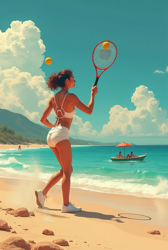 A woman on the beach playing sports with a wooden beach racket