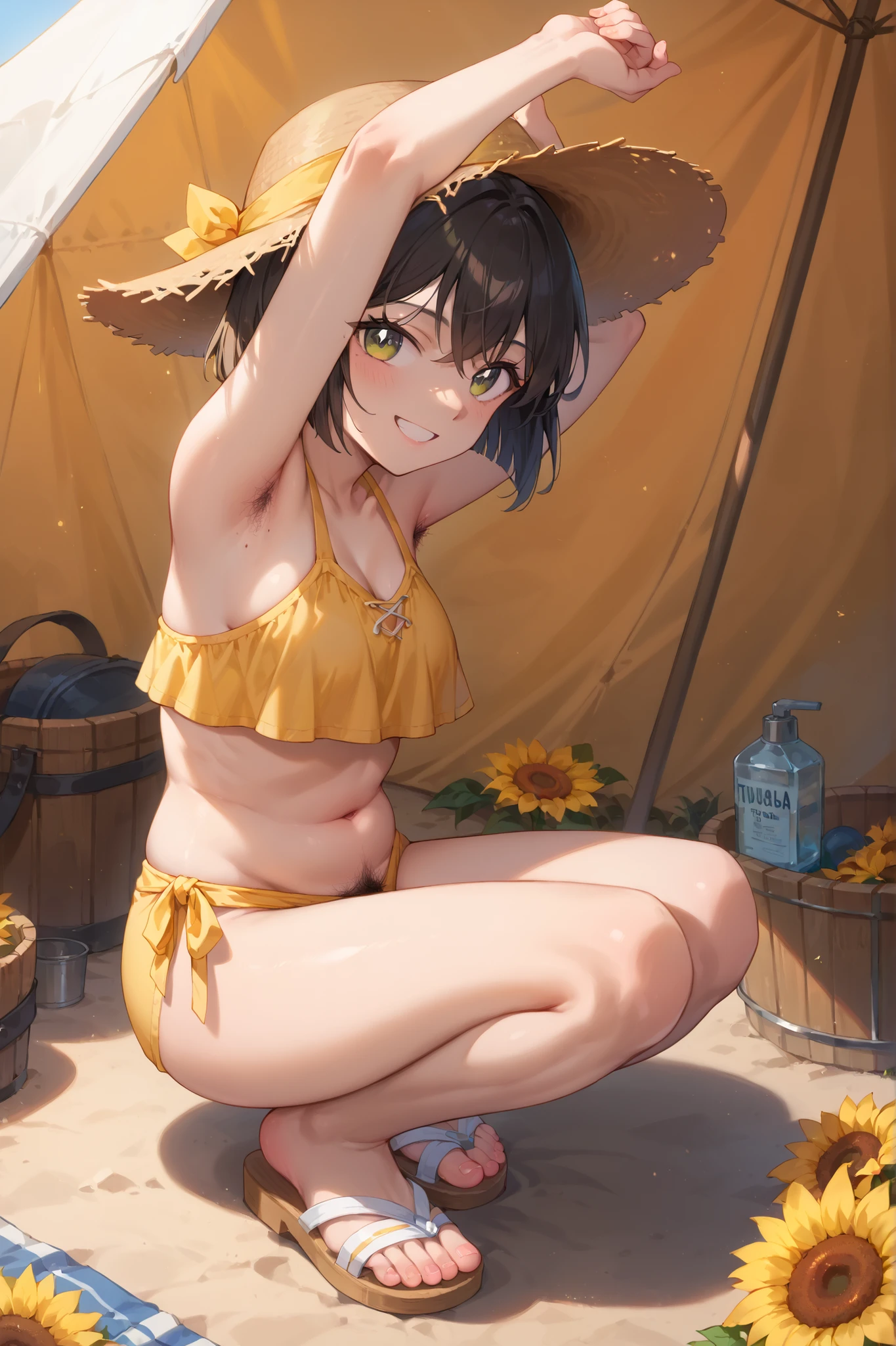 (((masterpiece))), (((best quality))), ((ultra-detailed)), (8K),NSFW,1girl,(((Tomboy))), (((boyish))),(kawaii),black hair, extra short hair, pixie cut,Lolita,Chibi,short girl,minimum girl,((yellow swimsuit)),((flat chest)), (((sex,virginal,rape))), penis,pussy,cum on face,cum in pussy,bukkake,riverside