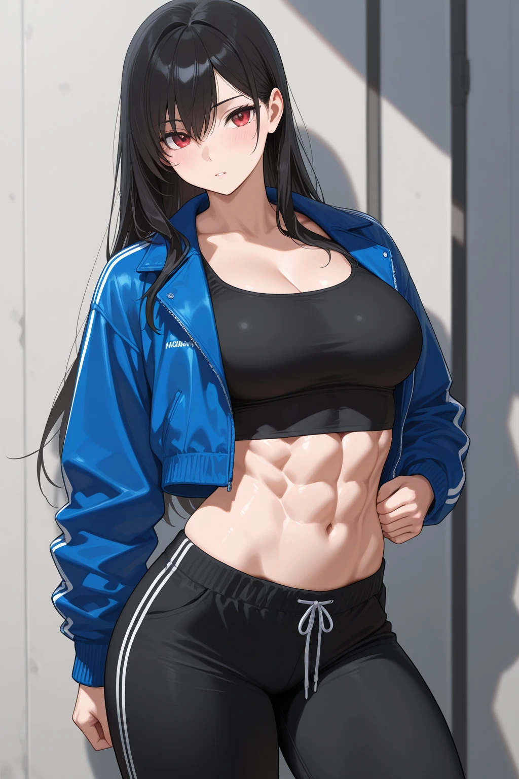 Yuijiro Hanma handsome, good body, Anime character, standing in the gym, decorated with devil tattoos, beautiful and clear muscles. His black hair is wild and unruly, his pants are black.