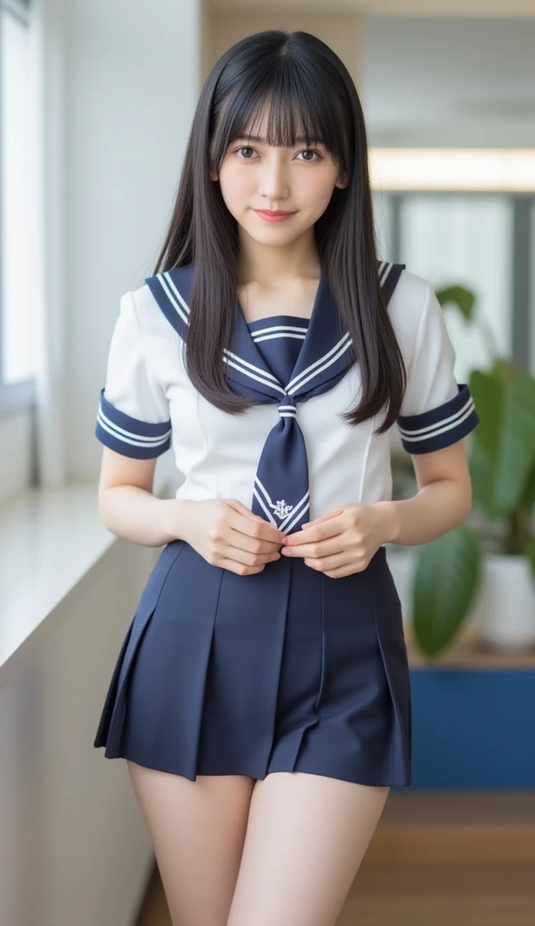 (masterpiece, highest quality:1.2), 8k, Young and beautiful girl, 85mm,Official AR RAW Photos, Baby Face, Small Breasts, Show me your ears, photo shoot, full-body shot, Cute face, Thighs, in the classroom, Looking at the audience, Embarrassing, smile, No makeup, chromatic aberration, Sharp focus, Face Light, 10 generations, Detailed face, ((((((14-year-old high school girl)))))), Narrow waist, Sailor suit, open suit, Dark blue tie, Navy black mini skirt, shows white bra, show white tiny panties, Cute printed underwear, Streaks