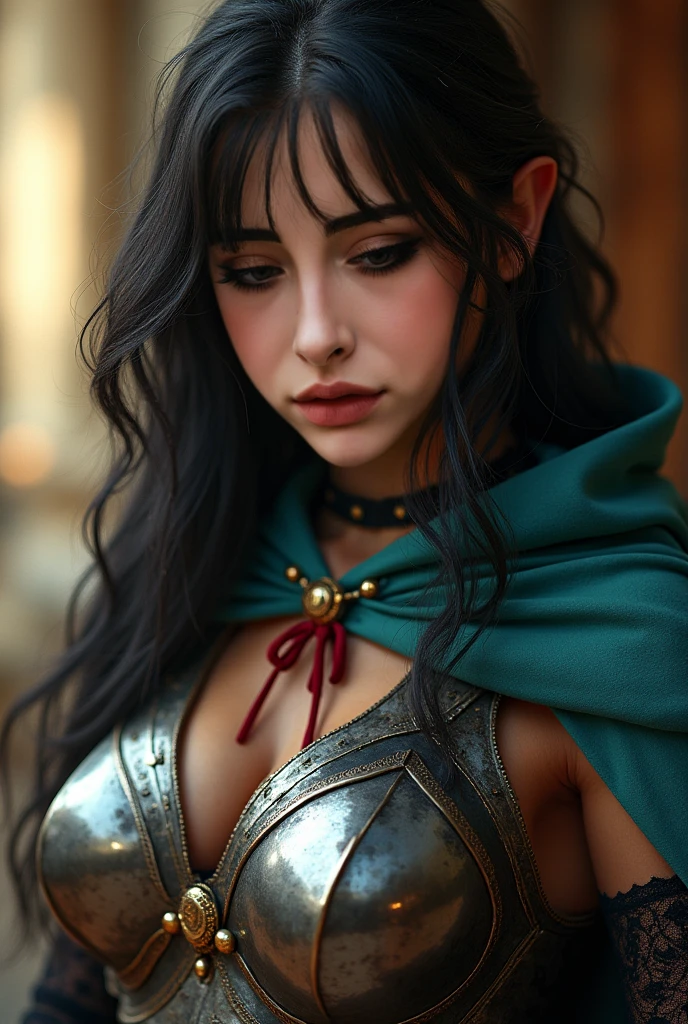medieval setting, full view of body, 1 skinny female with large breast, beatiful smokey green eyes, black hair pinned up, shoulder free beautiful dress