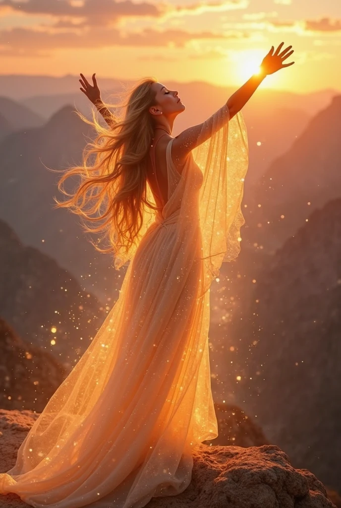 A stunning goddess with glowing, sun-kissed skin and long, golden hair stands on a hilltop, bathed in the first light of dawn. She wears a flowing, translucent gown that clings to her curves and shimmers with golden sparkles. Her eyes are bright and full of energy, and she raises her hands to the sky, summoning the power of the sun. The background is a vibrant sunrise, with rays of light piercing through the clouds, creating a dramatic and uplifting scene. Aim for realistic depiction, make sure photos are at highest resolution (8K)
