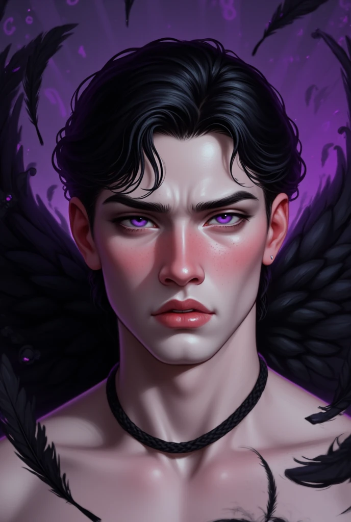 A picture of an extremely handsome man, with purple eyes, full lips, head on,masculine, big, marked jaw, with pointed ears and wings, black dress, on a balcony purple night star showers and a background similar to the mountains of Switzerland purple, glowing home light, with sparkles on the face