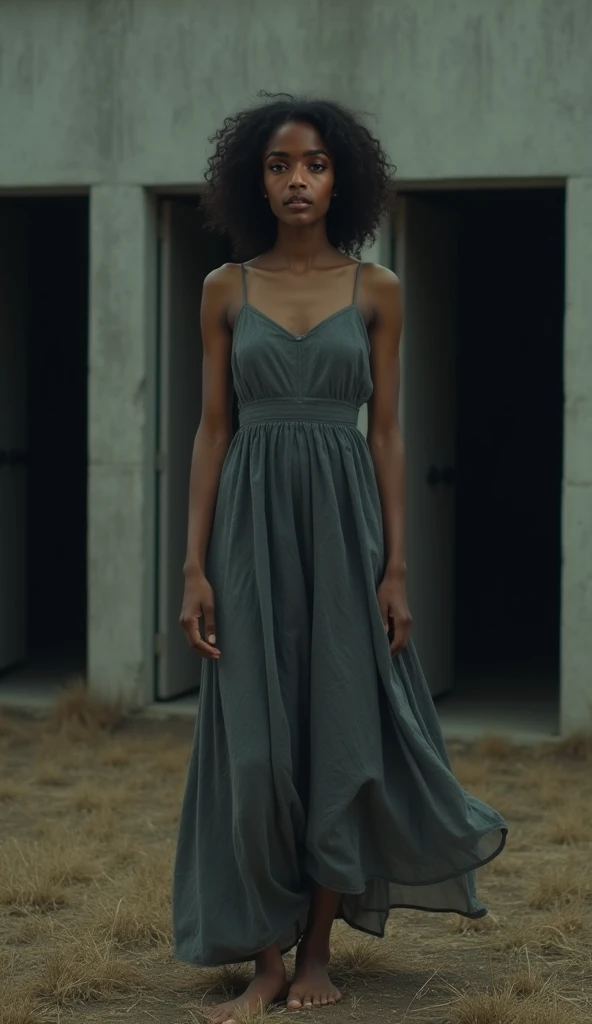 A black woman on a road wearing a torn and damaged dress with dark tones from behind..we can&#39;t see his face 