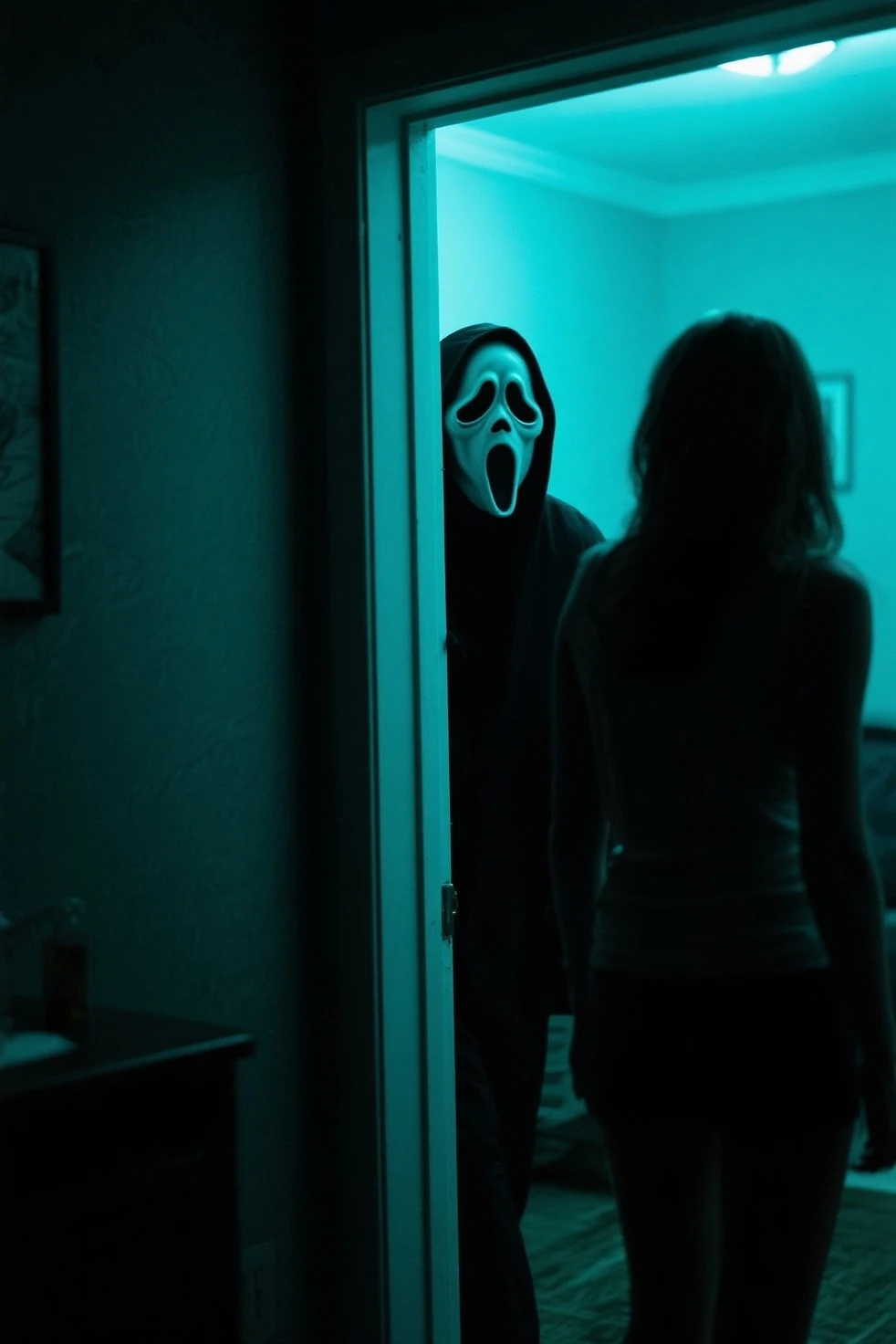 Aria Montgomery being chased by Ghostface with a knife at a hallway from a motel at night