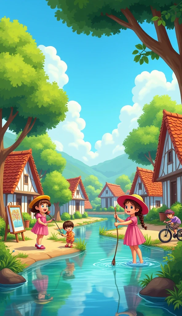Vibrant and cheerful animated village scene in a cartoon style - SeaArt AI