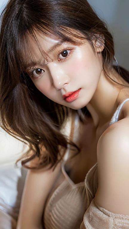 Highly detailed CG Unity 8k wallpaper, With the highest quality, super detailed, master piece, Realistic, photos realistic, extremely detailed cute girl, 25 years old, (negligee), (blush) , Round eyes, Large breasts, looking viewer, Half body shot , bed , lay down , Curly hair