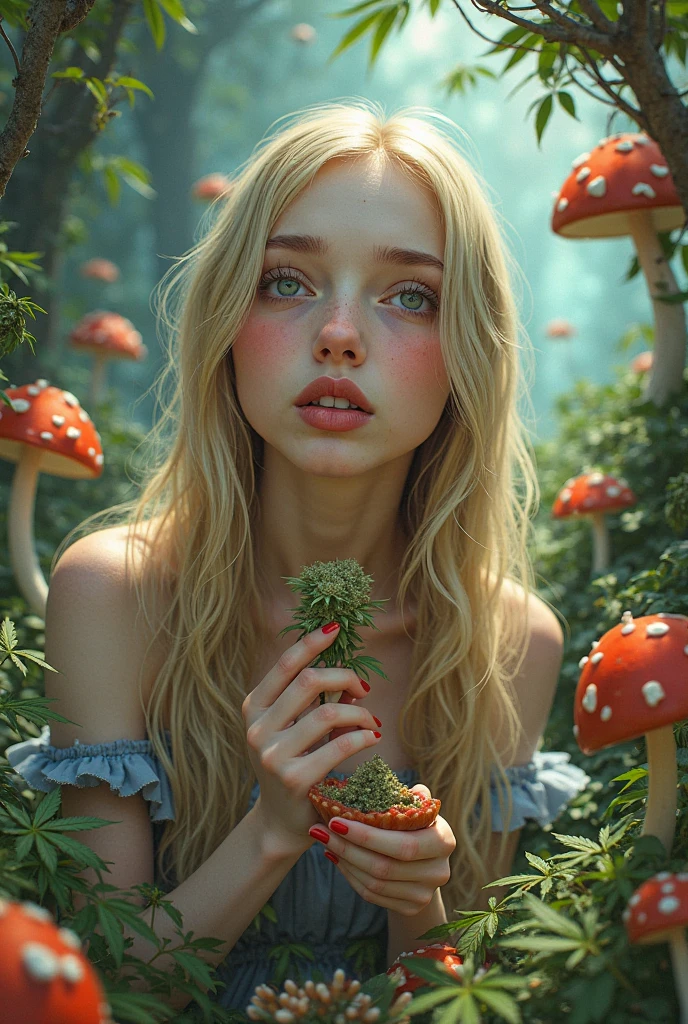 (masterpiece, best quality:1.4), (8K), Young blonde beauty, (((18 years old, solo, neat girl))), detailed blue eyes, long eyelashes, blush, horny, upper body, topless, small ass, slender thin legs, vagina, (detailed vagina), nude, (toned figure), (looking at viewer) (close up), beautiful blonde hair, white-skinned, (bangs:1.3), pigtails, groping, ((small breasts)), (mushroom forest, colorful celestial forest, beautiful and magnificent pink sunshine, majestic sky), natural light, (pink sky)