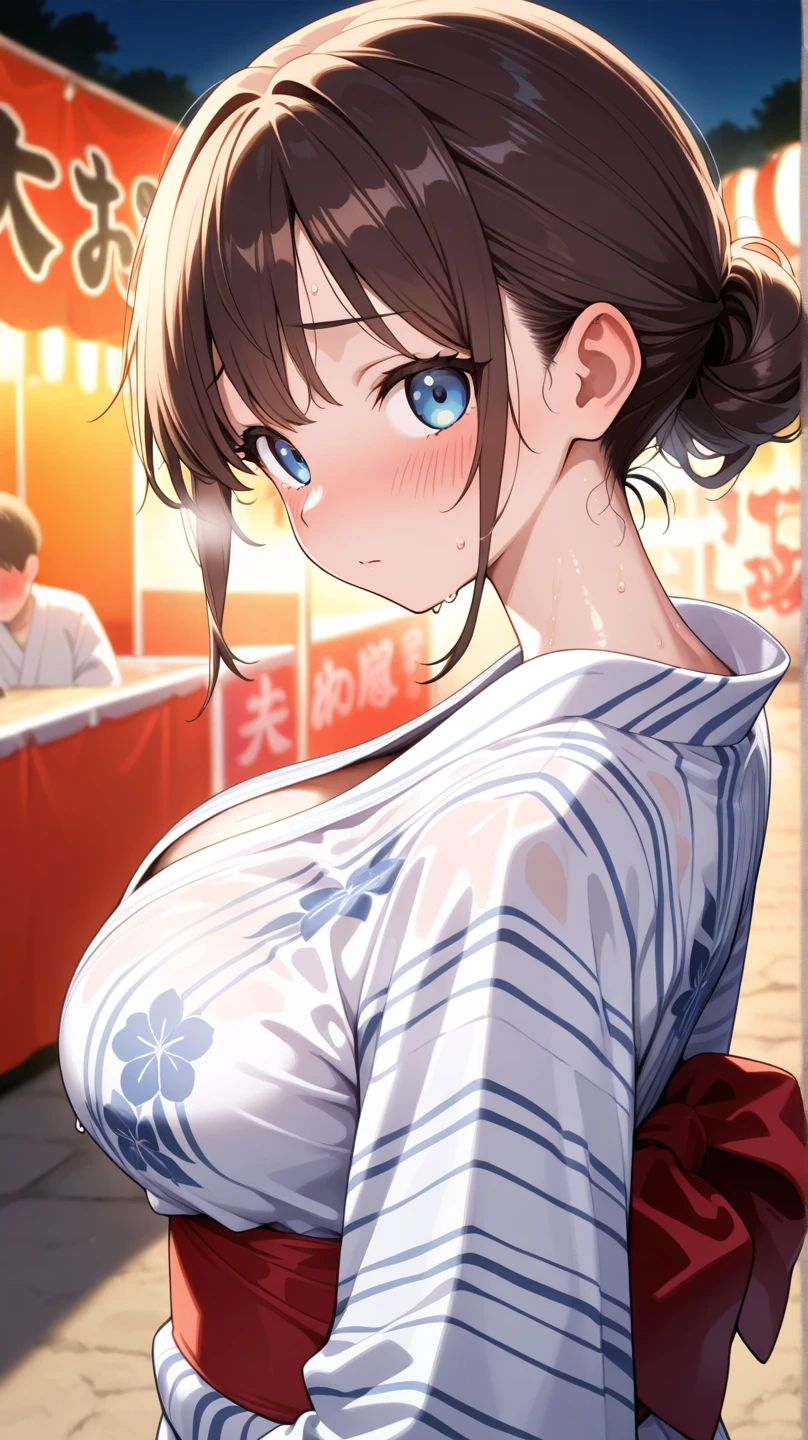 高いquality illustration, masterpiece, Very delicate and beautiful, Slender body, Anime Style, Beautiful Eyes, masterpiece, Highest quality, High resolution, Very detailed, Perfect lighting、very young、1 female、、Brown Hair、Blushing、Front shot、Cleavage、Festivals、yukata