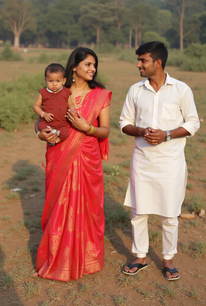 there is an indian man and woman holding a baby in a field, husband wife and son, portrait of family of three, jayison devadas, family portrait, award winning cinematic still, movie stills photography, true realistic image, family, india, edited, trending ,, happy family, movie filmstill, portrait image, cinematic full shot, movie film still, traditional clothing