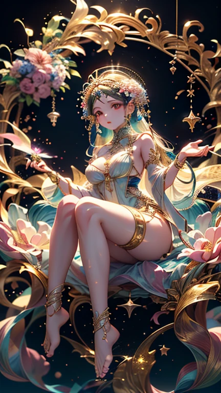 goddes,solo,full body shot,(Guanyin sitting lotus,wearing suit made out of stars and galaxies and cosmic energy,intricate,full moon Saturn ring halo,Blossoming flowers branches hair:1.2),a close up of a large animal with horns on the back, portrait of a zentaur,giant ethereal creature,neuron dendritic monster,cernunnos, smooth zenithal lighting,official artwork