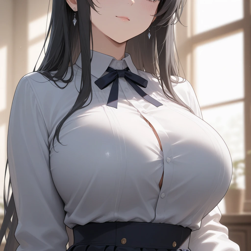 BREAK (masterpiece:1.2), best quality, high resolution, unity 8k wallpaper, (illustration:0.8), (beautiful detailed eyes:1.6), extremely detailed face, perfect lighting, extremely detailed CG, (perfect hands, perfect anatomy),school,hallway,desks,windows,tables,teacher,long haired,ponytail,glasses,hair between eyes, big green eyes, white blouse,cleavege,neckline,unbutton blouse,nipples see through,skirt,brown skirt,pantyhose,from above,bend over,upper body.