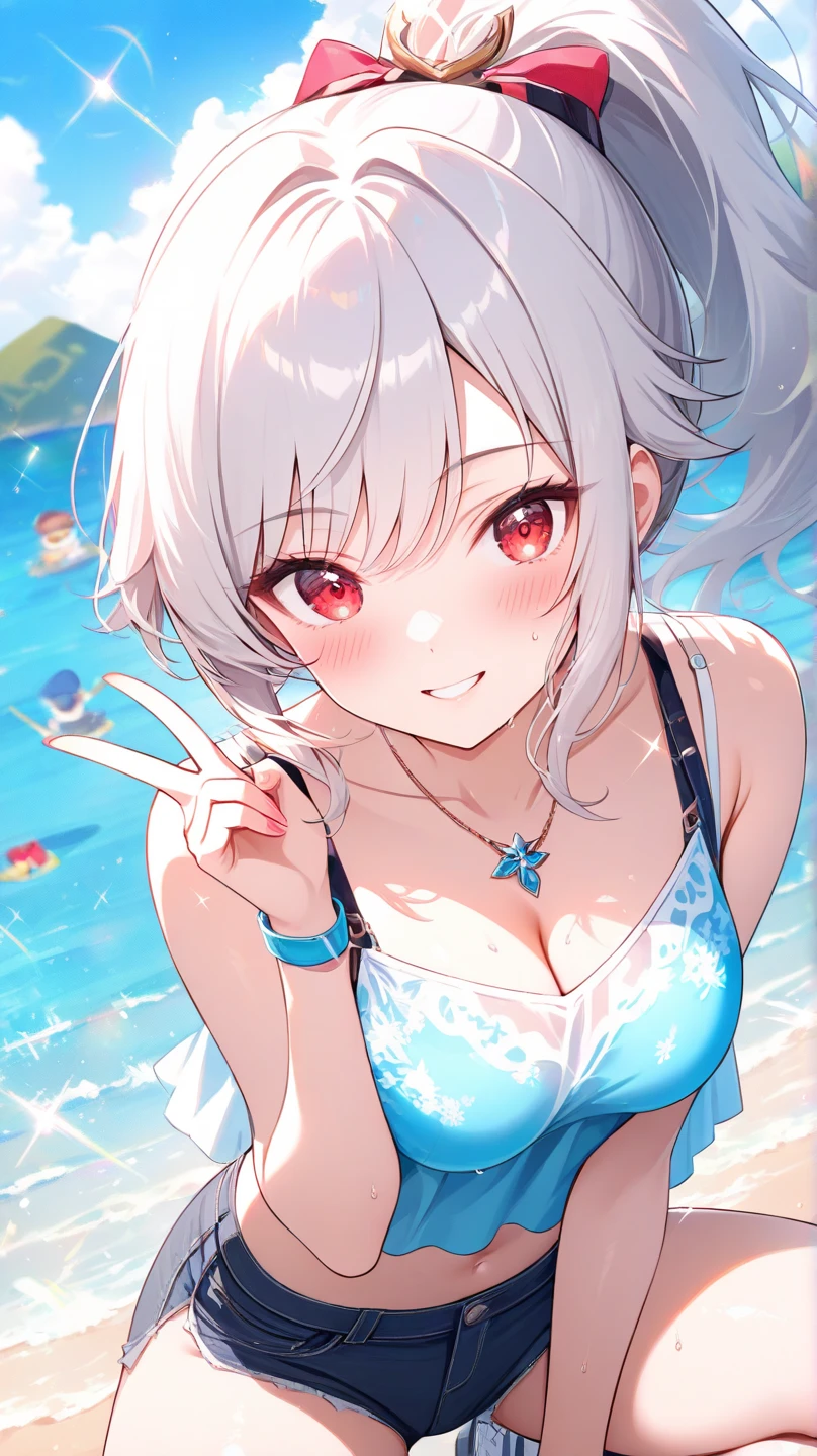 1girl,little_girl,little_body,cute_loli,Emi, two-tone hair, red eyes, pigtail, hair ornaments, bikini, dynamic angle, 