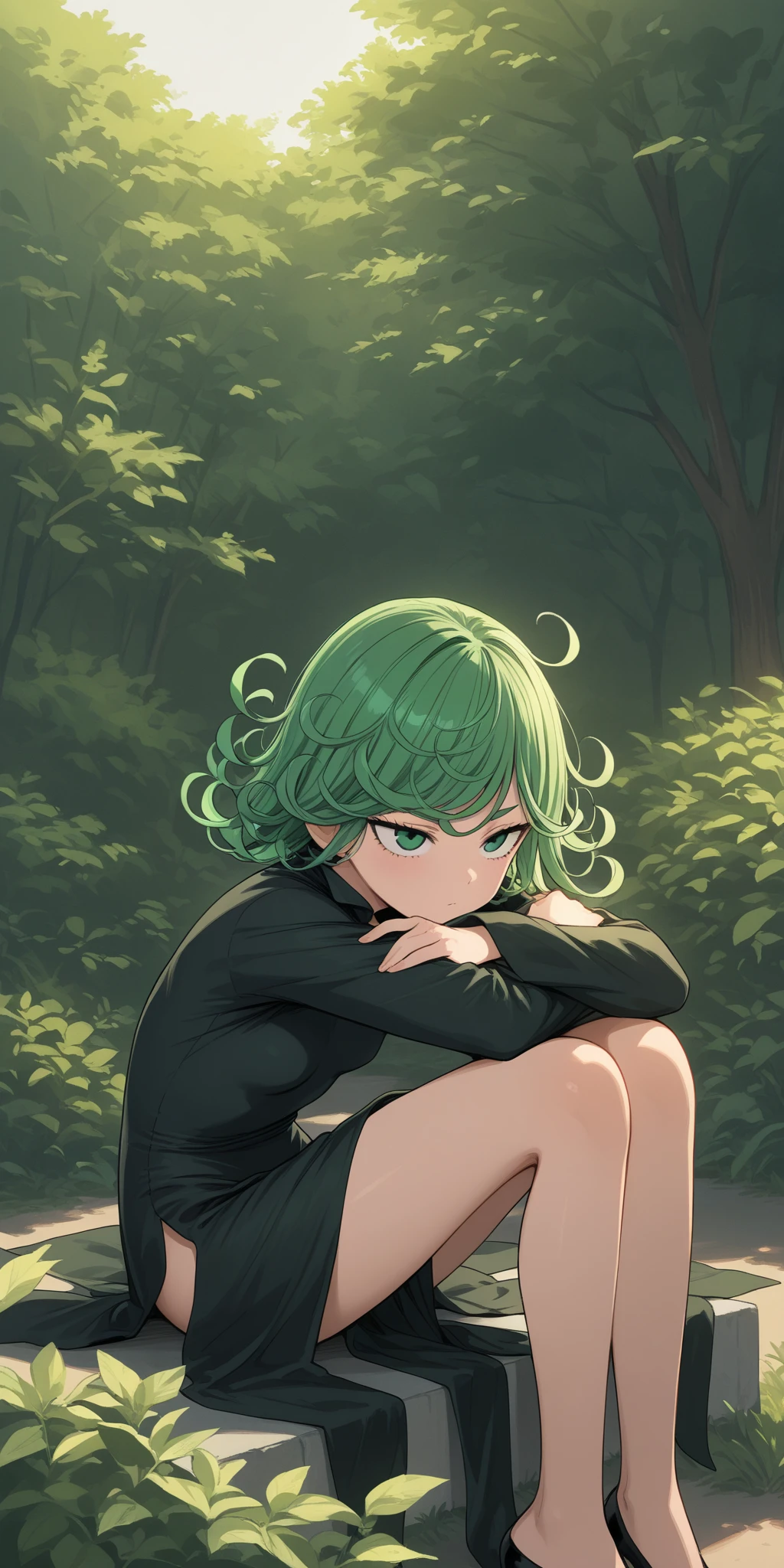 1girl, tatsumaki, flat chest, black dress, pelvic curtain, long sleeves, green eyes, solo, semen all over her, barefoot, simple background, embarrassed, looking at viewer, squatting <lora:tatsumakiselect-05:1>