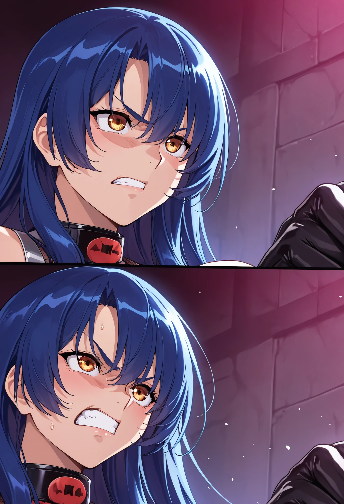 taimanin murasaki 、vs. Demon Shinobi、clothes、blue hair、details, (masterpiece), Highest Quality、high resolution、 Angry Face, grown face、adult body、restraint:1.lave