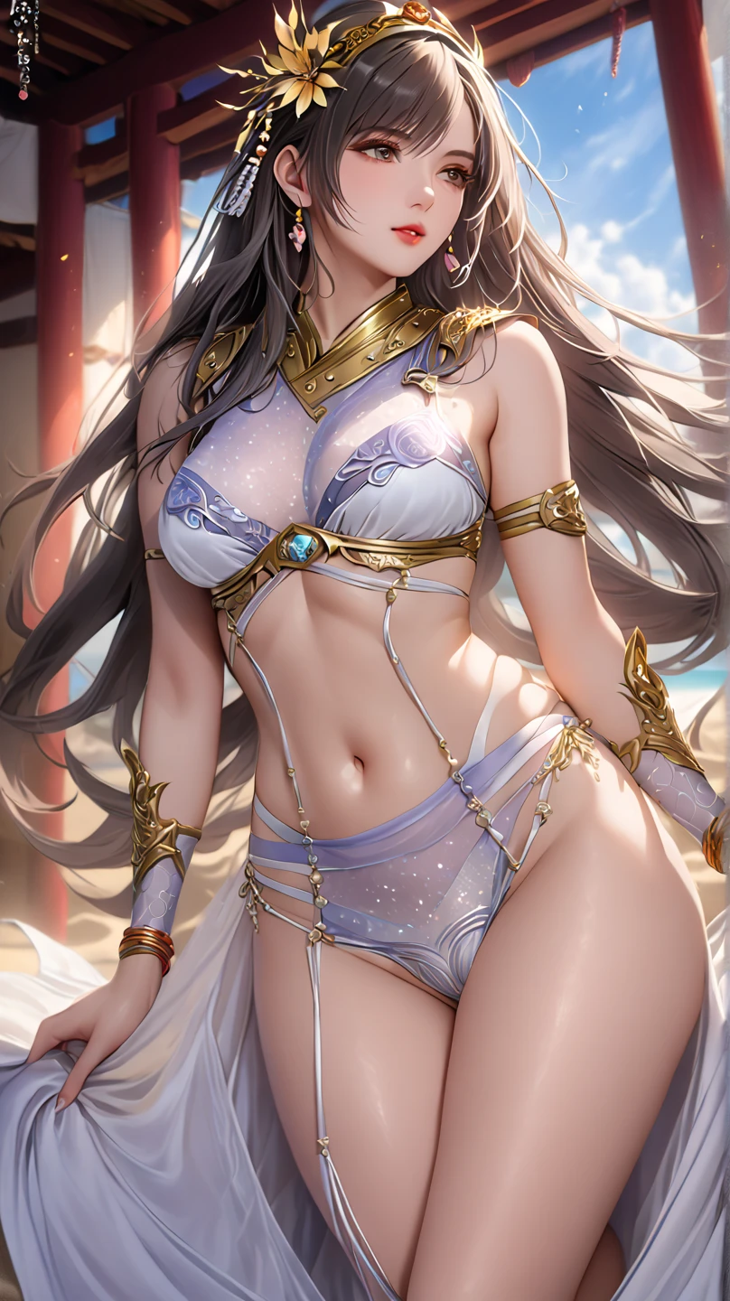 (masterpiece, Highest quality: 1.3), (16K, High resolution: 1.3), beautiful girl, Mechanical fuselage, Cleansing the skin, Light, 有Light发Light, Very cute and beautiful female idol, Open belly button,Bare thighs,Full body female, Gazing at the audience, 目Light坚定而凝重,
