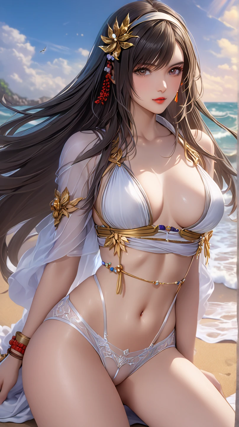 ((masterpiece)),((best quality)),((High detail)),((Realistic,)), 1 shy girl, shy expression, elegant makeup, long brown hair, seductive eyes, bright lips, sexy pose, (beautiful detailed face: 1.0), smiling, feminine approach, no bra, bare breasts, big breasts, pointed breasts, (perfect body), prominent nipples, bare abdomen, wind blowing, purple panties, standing and looking at the sky, sunset in the city, tight clothes,