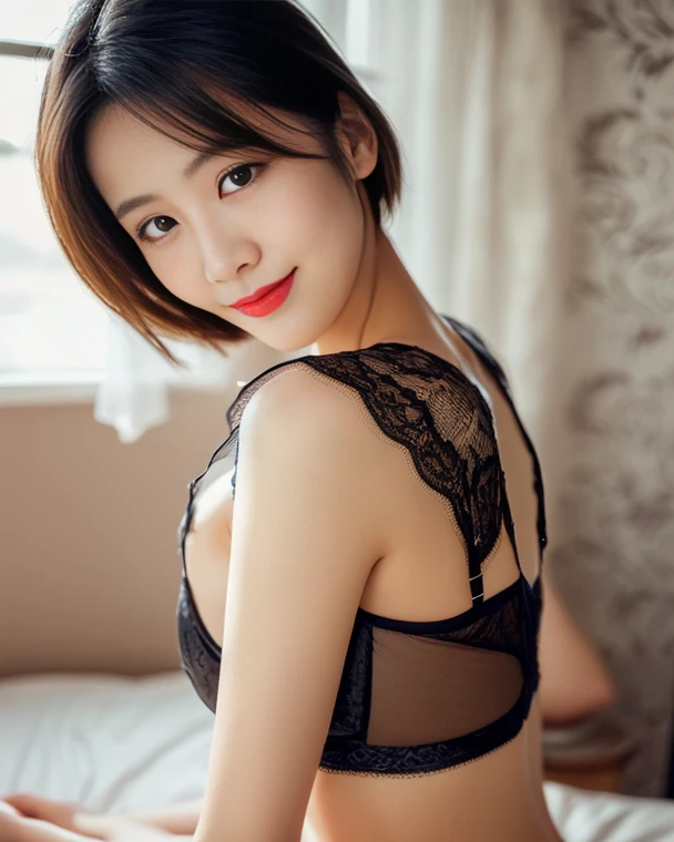 8k, Ultra-high resolution, Highest quality, masterpiece, 三分割法によるphotograph,Surreal, photograph, 1 girl, (16 years old:1.3), pretty girl, Cute face, Beautiful eyes in every detail, 細かくdetailedに,masterpiece,, One Girl:1.2, Japan Female Announcer,whole body, Leaning against the window, Nice views, Standing at the window, Pressed hard against the window, Standing on top of a skyscraper, Near the window, With your back to the window, Arms stretched out, Amazing View ,View from the side, Black high heels, Black lace underwear, A faint smile, Messy hairstyle,Short Bob,Looking at the audience、beauty,Long neck、Laugh a little、Please close your mouth and laugh、(((Ideal body type))),A-cup small breasts :2,、Portraiture:2、Perfect Anatomy、鮮明なdetailed、detailed、Surreal、Light and shadow,Strong light