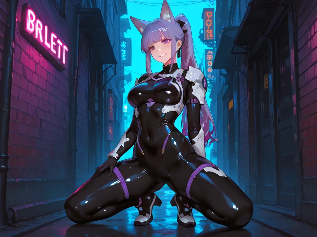 Cyberpunk, woman, realistic anime girl, purple eyes, (((crouching))),fishnet, black hairs, extremely detailed, realistic, surrealism, (((cameltoe))) night city