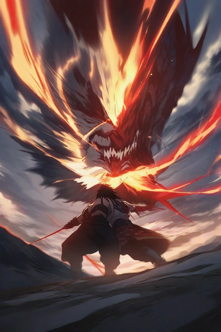 a man standing in front of a giant dragon with fire coming out of it, man with the soul of a dragon, god of dragons, human and dragon fusion, anime epic artwork, battle with dragon, symmetrical epic fantasy art, dragon in the background, nine tails, by Yang J, dragon centered, dragon art, anime fantasy illustration, anime fantasy artwork