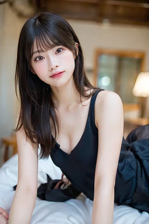high resolution, realistic, sharp focus on face, extreme quality, 1 japanese girl, (accurate anatomy), beautiful courtesan, detailed and perfect face, large and even eyes, black eyes, round face, (alluring: 1.3), (a fusion of intelligence and alluring: 1.4), beautiful shining black hair, gentle smile, (sexy lips), bright colors, expensive crop top, (meaty shoulders and cleavage visible: 1.4), huge breasts, (no bra: 1.5), cleavage, uneven skin, sweaty skin, shining skin, looking at the viewer, perfectly customized gorgeouscrop top with short pants, looking at the viewer, floral pattern, perfect proportions, smelling, smelling, open mouth, smile, light smile, parted lips, jealous, expressionless, expressions, (photorealistic:1.2), cowboy shot, Surrealism, Best quality, 16k, masterpiece, accurate, textured skin, super detail
