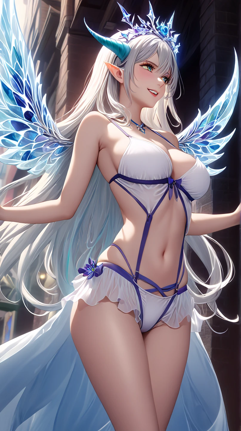 (Masterpiece, Top Quality, Best Quality, Official Art: 1.2), (1 woman), Full portrait of the most beautiful, sexy ethereal woman with snow-white hair, pastel highlights, framing a face of extreme detail and elegance. Frosty blue eyes are adorned with blue eyeshadow, complementing the blue jewels on her forehead. Long lashes and double eyelids are accentuated with dark purple mascara. Rosy cheeks add a touch of warmth to her ethereal beauty, and her glossy skin shines in the cinematic light, highlighting each and every realistic pore and wrinkle. Full sexy lips, painted with purple lipstick, complement,highly detailed  face, detailed face, perfect proportions, well-proportioned body of six heads, huge breasts, thin waist, navel, big butt , crotch gap, large thighs,