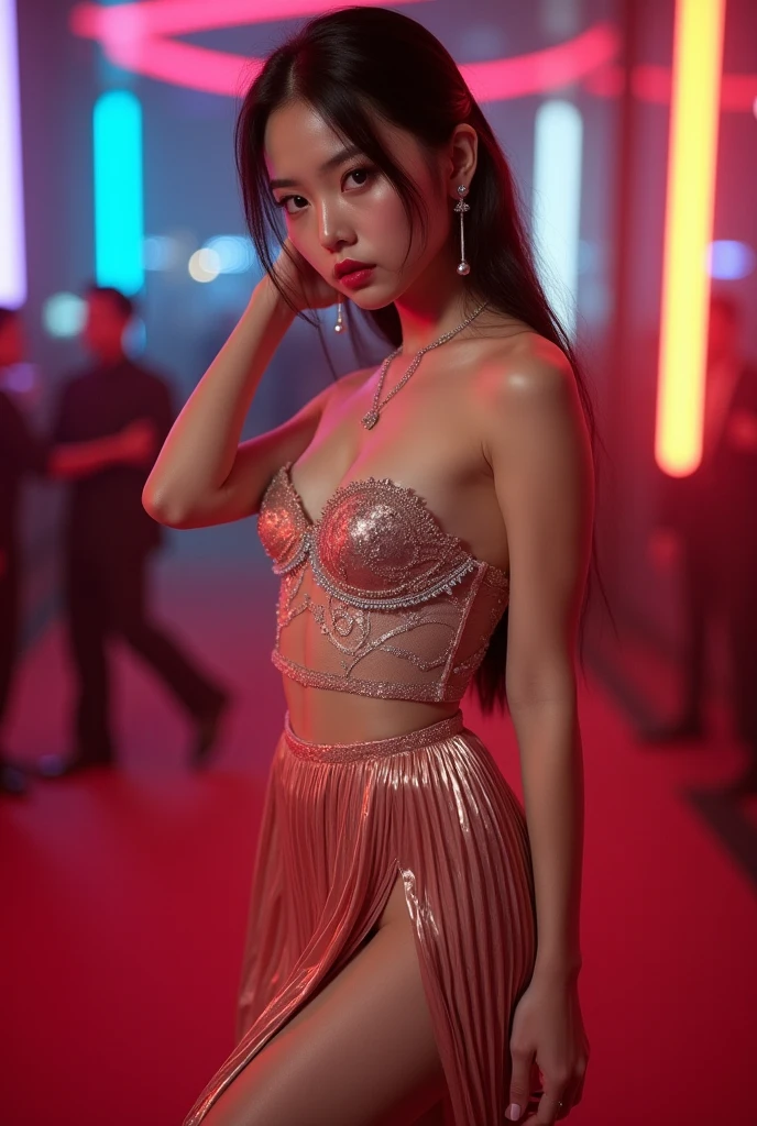best quality masterpiece, captured in 8K UHD with a DSLR, features a 1girl, aged 23, (small breasts) wearing ultra-thin translucent panties that reveal the skin's texture through her skirt. Her hair is adorned with intricate accessories, and she wears a beautiful necklace and jewelry. Her face is stunningly beautiful, with a small but expressive nose, full lips, and high-detailed skin (1.2). The photo is taken in a dark studio, lit with a soft light for a realistic effect and two-tone lighting to create a Tyndall effect. The background is blurred, bringing all focus to the girl. High resolution and
