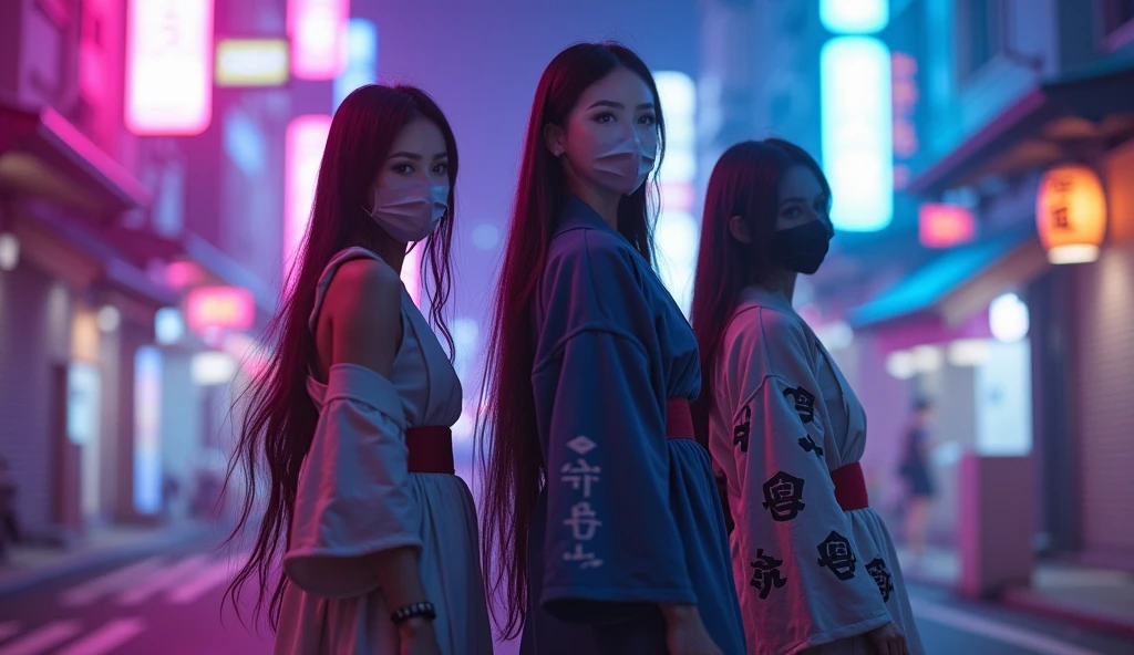 [Subject: High-Fashion Ensemble in a Surreal, Cyberpunk-Inspired Setting] A photorealistic 4K image of three fierce women in a neon-lit Tokyo alley, embodying modern-day samurai with high-fashion flair. Their outfits feature a mix of luxurious silks, metallics, and leather, adorned with bold colors and intricate patterns.

The central figure wears a {kimono jacket with glowing neon patterns and intricate embroidery, paired with leather pants and a silk sash}. Her hair is styled in {sleek, straight locks with neon streaks and glowing hairpins shaped like katana hilts}. Surrounding her are {floating origami cranes made of luminous paper}.

To her right, another model sports a {futuristic trench coat with oversized shoulders and holographic kanji symbols, layered over a patterned bodysuit with metallic accents}. Her hair is styled in {a topknot with glowing red streaks, and she accessorizes with a neon-lit fan}. Beside her, {a small robotic pet fox with glowing eyes} adds a surreal touch.

On the left, a model dons a {fitted bodysuit with digital patterns, paired with a long coat adorned with neon cherry blossoms and intricate brocade}. Her hair is styled in {braids woven with LED lights, and she holds a katana that glows softly}. Above her, {floating sakura petals create a magical atmosphere}.

The setting is a {vivid Tokyo alley illuminated by neon signs and holographic ads}. The {camera captures the group from a low-angle, wide shot, emphasizing their unity and the blend of cyberpunk and traditional Japanese aesthetics}. The {lighting is dynamic, casting neon reflections and sharp shadows}. The image is {strikingly artistic, fashion-forward, and visually captivating, rendered in high-resolution 4K}.

