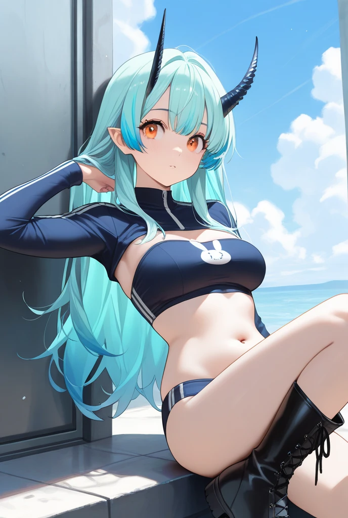 ((best quality, Masterpiece, perfect anatomy, Detailed pictures)), 1 female, arctic protogen, shark girl, Long visor, blue visor, blue eyes, sexy body, Big Pong, Bust 87, Waist 57, Thigh 85, Futuristic military black bikini clothing, Shark tail, The body is sexually aroused., wet, blushing, red red, shy, in the sea, front view