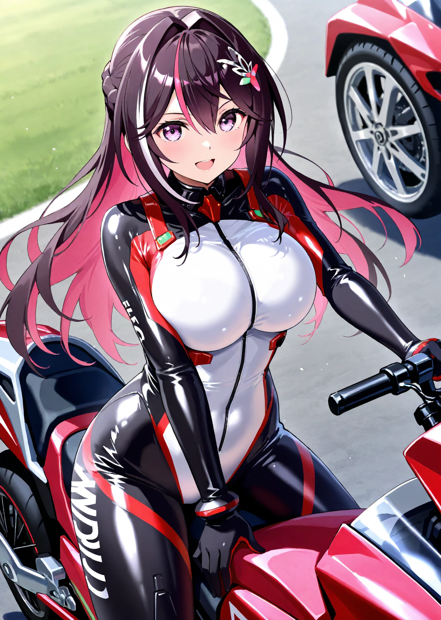 1woman, 21 years old, Super Beautiful Japan Girl, super pretty, Super Cute, ultra-sexy, ((Best Quality)), (Ultra-detailed), ((Extremely detailed)), ((kawaii)), tremble for), ((Sexy)), Curvy, (black dull bangs:1.2), (Black straight long hair:1.4), earrings, Purple eyes, (gigantic-breasted:1.5), gleaming skin, In the morning, (a road that goes straight to the horizon:1.3), (riding a motorcycle:1.5), helmet, (Black motorcycle suit:1.2), motorcycle boots, red cheeks, embarrassment light smile,