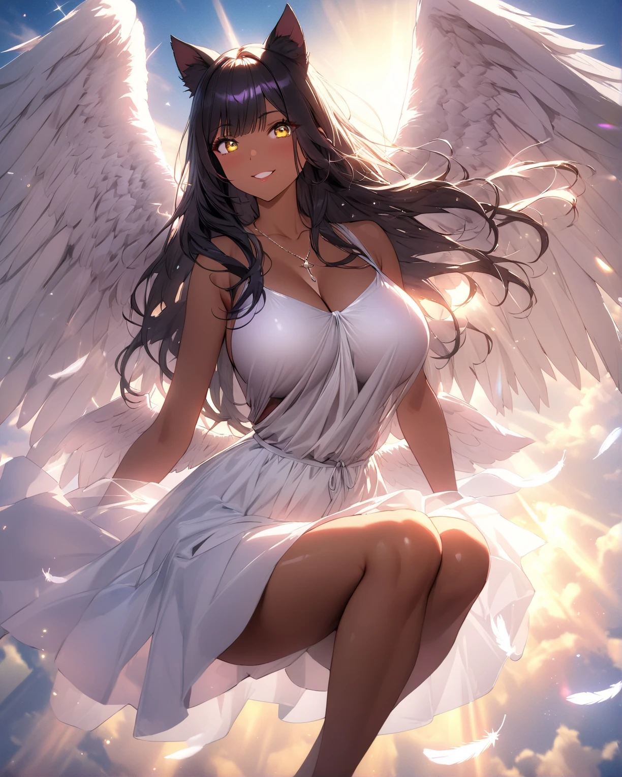 1 girl,long black hair,big breasts,angel,angel wings,halo,white tunic,languid,sluggish,empty eyes,bored,lonely,sigh,half-closed eyes,sharp eyes,open eyes,air is heavy,sitting,Right knee up,Right elbow on right knee,holds a cigarette in her right hand,exhaling cigarette smoke from her mouth,heaven,floor is made of fluffy clouds