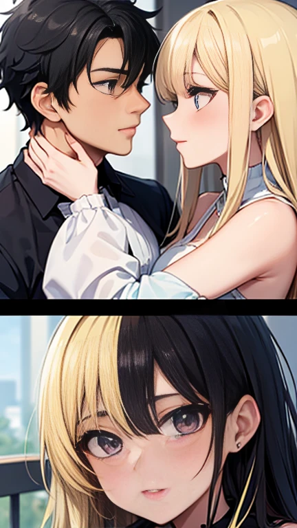 source_anime, rating_explicit, score_9, score_8_up, score_7_up, 1boy, twink, femboy, portrait, indoors, medium length hair, brown skinned male, hair over eyes, ((brown skin)), browm boy, boy, messy hair, ikuchan, black hair, masterpiece, high-quality, BREAK, 1girl, female, white skinned, light skinned male, dominant light skinned female, kissing, femdom, large white female, ((size difference)), lumine, genshin impact, duo, Heterosexual