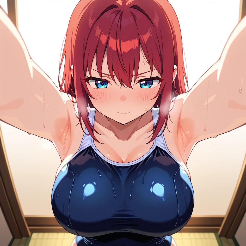 (Nakano Nino), 1girl (masterpiece) (best quality)(shiny hair)(shiny skin)(shiny skin), 1 girl, solo, short hair, boob curtain, under boobs, upper body, (micro bikini), presenting armpit, bare shoulder, collar bone, mole, arm up, beach, selfie