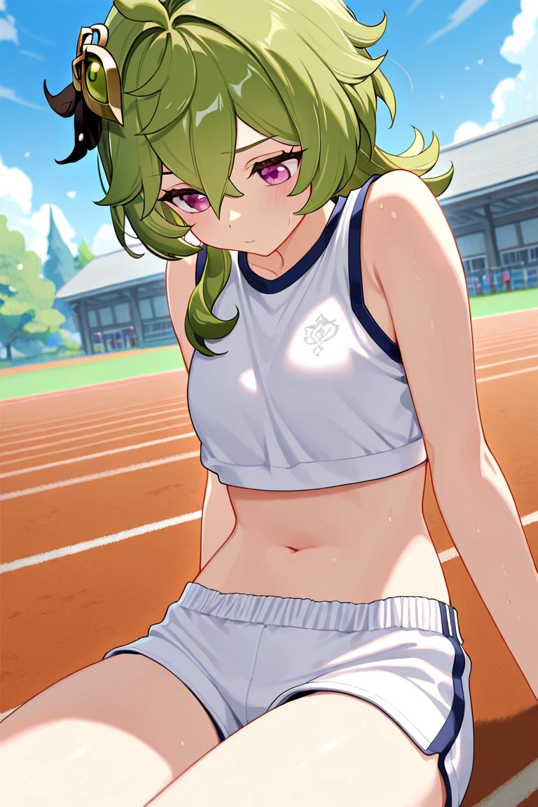 ((ultra detailed, masterpiece, absurdres)) Workout gym background, Body facing viewer, DOAHelena, 1girl, long hair, blonde hair, in training wears, navel (choker, blue choker), (Sport shirt, White shirt, red outline on shirt, the shirt is tied, Sleeveless), watch on the wrist, (Sport shorts, red Shorts), seductive faces