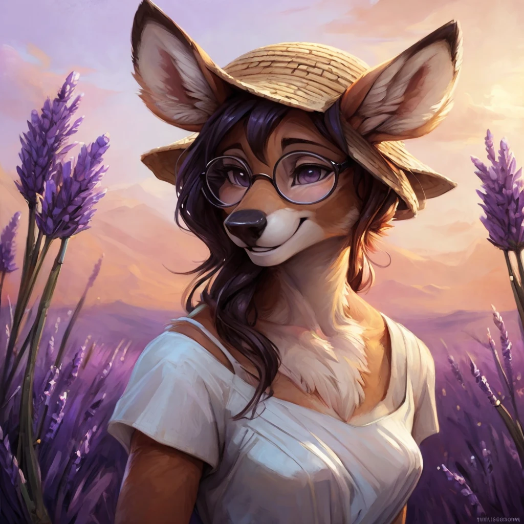 uploaded on e621, by Pixelsketcher, by Bayard Wu, by Thomas Benjamin Kennington , by Einshelm, by hioshiru and kenket, Chunie, portrait, solo anthro female deer doe, with small featureless breasts, clear dark blue, cinematic lighting, day, sunny day, lavender field, stays in a lavender field, lavender field background, mediterranean background, horizon background, shiny, short curly dark brown hair, wears big black nerd glasses, very very beautiful furry art, furry art, smiling, joyful, shiny, happy, feminine, cute face, muzzle, fluffy chest, flawless face, Fallow deer, 1girl, Sakimichan is beautiful, Masterpiece, Wavethesallow Face, shiny, Detailed image, portrait, Detailed image, portrait, full body, wearing pure white and wide spaghetti straps dress, wearing big and wide beige summer straw hat, shiny, realistic face, perfect anatomy, hourglass body, (furry body:1.1), anthropomorphic deer, looks at the viewer, small fluffy tail, detailed background, (cute anatomy:1.1), stands in a lavender field
