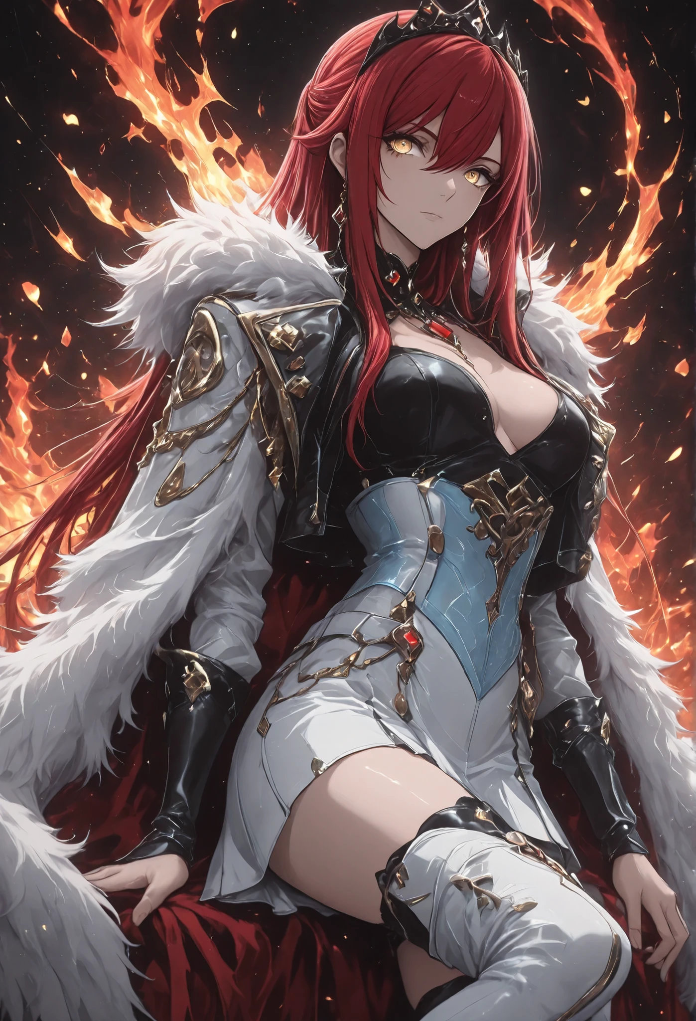 1 girl , golden eyes , very long hair , long sidelocks, red hair ,half updo, petite , very cute , beautiful ,Straight hair, cool, handsome, hair between eyes, sexy, medium breasts, Genshin Impact style, iridescent, like fire, pale translucent skin, faintly glowing, in a short white skirt, embroidered with shiny flames, light blue corset with subtle red crystal details, fluffy fur coat, black vest with pockets and zipper draped over the shoulders , tight white shiny stockings, white high boots with glowing patterns, black tiara, necklace, emitting surrounded by gentle floating petals, ethereal atmosphere of fire fantasy, high detail, soft lighting, elegant and mysterious pose --v 5 --q 2 --ar 9:16 --style 4a --cinematic lighting --color palette , --the texture is delicate, intricate details --sharp focus --mystical mood, serene , royal, 8k