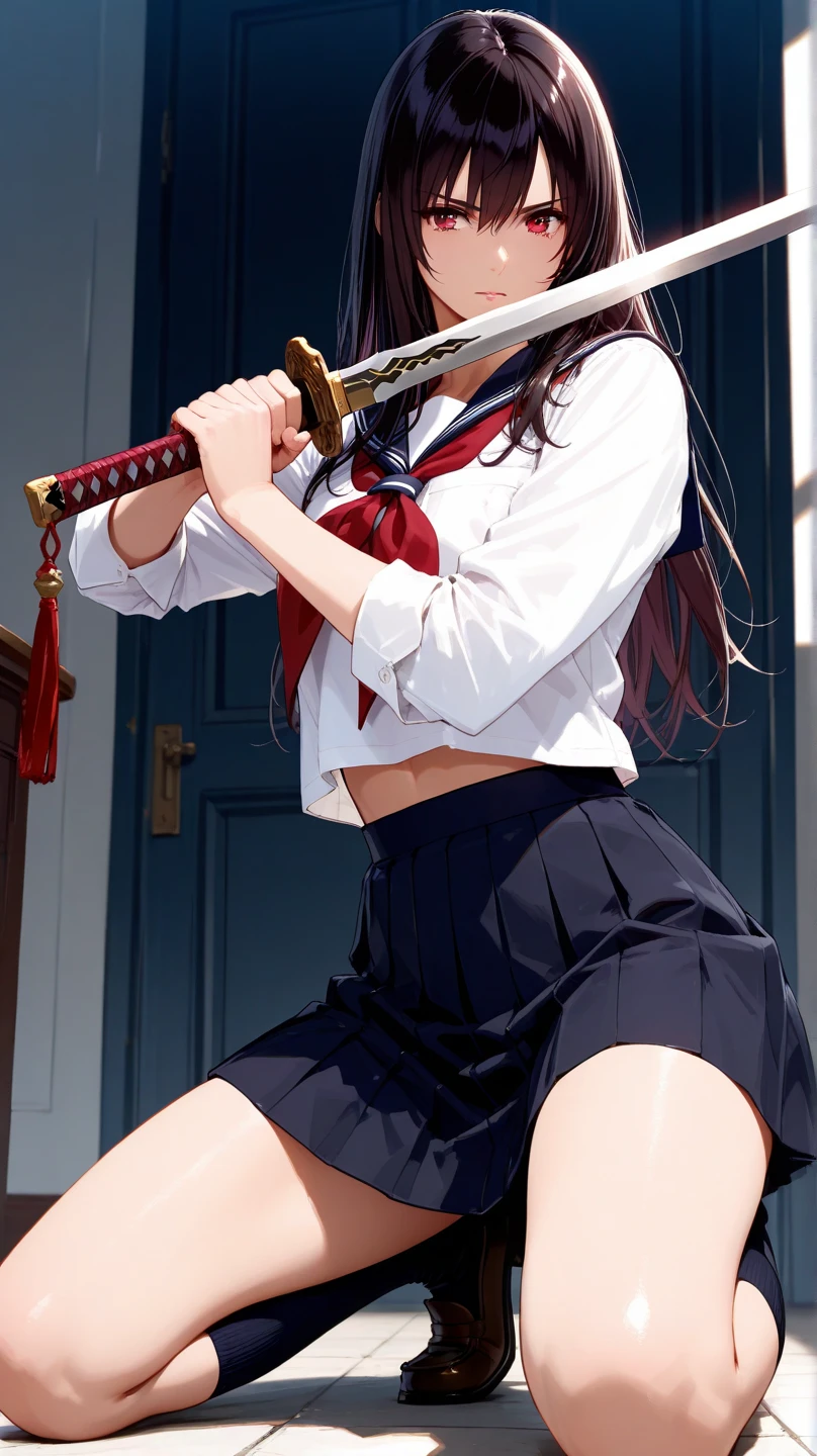 masterpiece, Highest quality, Sophia Estido, Barrette, Pink Shirt, corset, Pencil Skirt, stockings, Knee-high boots, standing, ((Holding a sword in his right hand)), Combat pose、Spread your legs、Bend both knees slightly、Quiz Formula, Looking at the audience, rocky coast, big, null, (Squat:1.5)、(Spread your legs:1.5)、((Showing white panties))、Good lift、Showing off a white bra、Troubled face、climax、Excited、close your eyes、Open your mouth、ahegao、Sword Drawing Technique, Battoujutsu、Red cheeks、Shirt lift、Place your heels on the ground