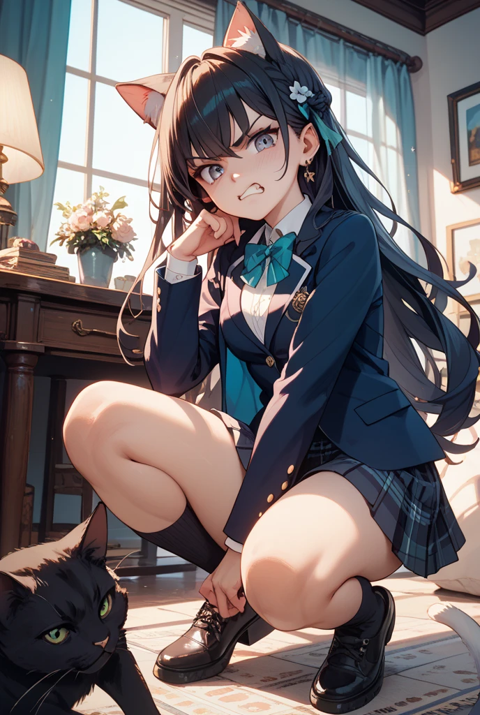 Gal High School Girl、One girl in a mini skirt, Spread your legs wide、Looking down at the viewer, Twin tails, Highest quality, Focus on the thighs,, smile, blazer, blouse, Black Pantyhose, panties under pantyhose, , classroom, Black Hair,My thighs are steaming between the legs 、Sweaty pantyhose、My feet are stuffy、Stomping on a man's face