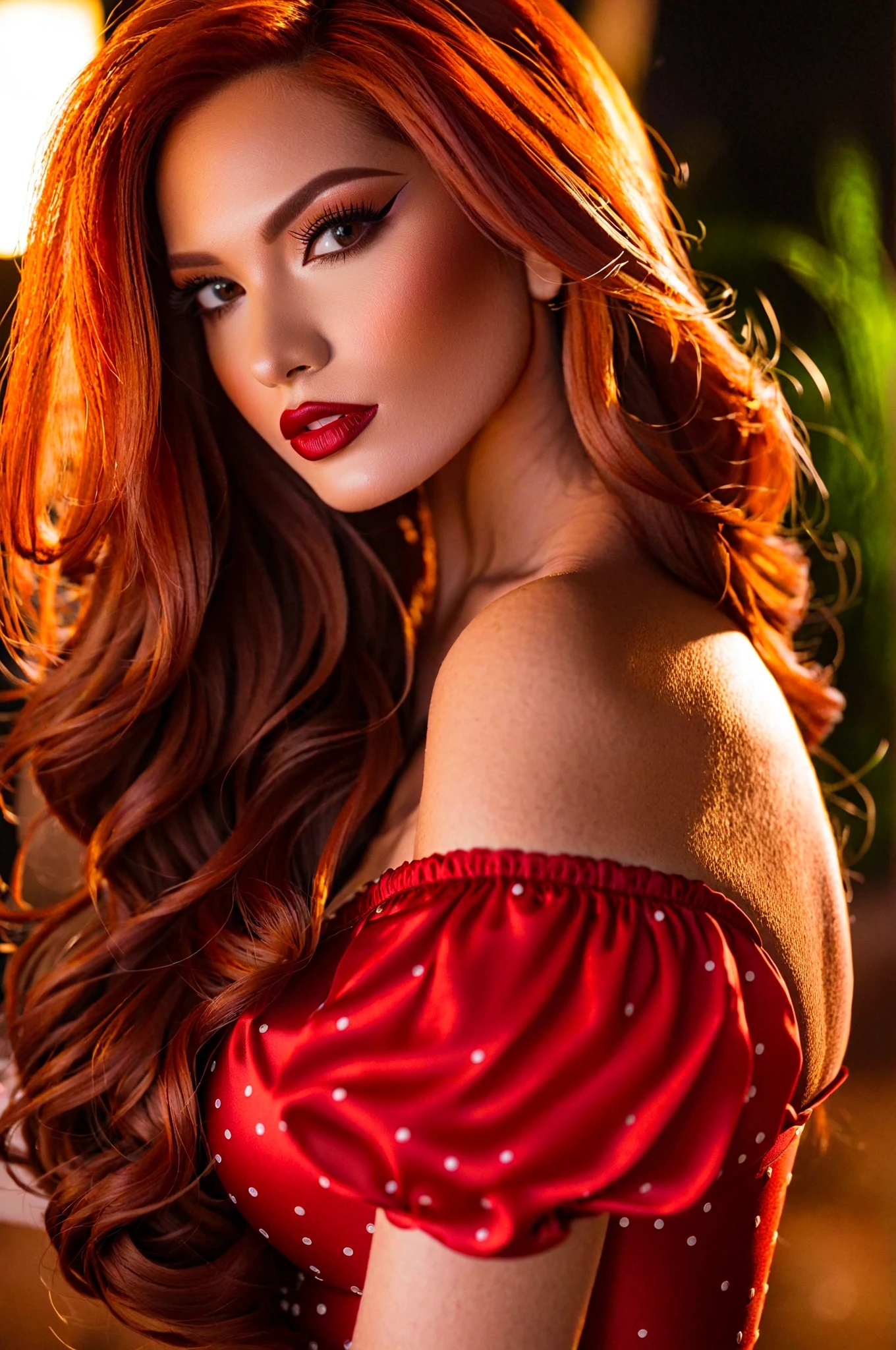 lucy pinder, face portrait, portrait, beautiful face, cleavage, red lips, mouth wide open, straight hair, maroon hair, hair tied in a chignon, sleeveless blouse, pink blouse, ((chubby woman)), dark skin, earrings ring, eyes closed
