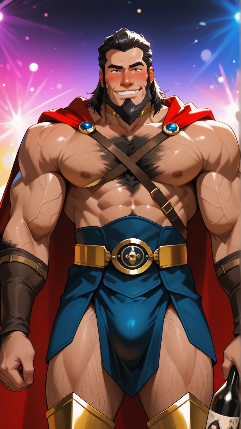 A young man (human) 20 years old, beardless, Caucasian young face, young man, young teen, long hair bangs that fall on both sides of his youthful face. Attractive. handsome face. mischievous expression, blue eyes, cobalt blue hair, tall and body full of huge muscles. Very voluminous pectorals His shoulders as well as his back and chest were enormous, from shoulder to shoulder it seemed to be a meter long; On his chest were 2 enormous pectorals that were gigantic and very voluminous, proudly supported by 8 chiseled abs. His torso, from his shoulders to his waist, had the shape of a V which was very marked on his waist, his arms were as thick as a log. and his biceps were big and shapely. His buttocks were also wide, round and big and firm, and his thighs were almost as thick as his arms, or thicker if possible. 400lbs. 
bodybuilder body. he wears brown Jedi-style baggy pants dark, bulge in the crotch, cape, bare chest, open cape, Ruins of a Jedi temple with ancient river. Jedi open tunic.