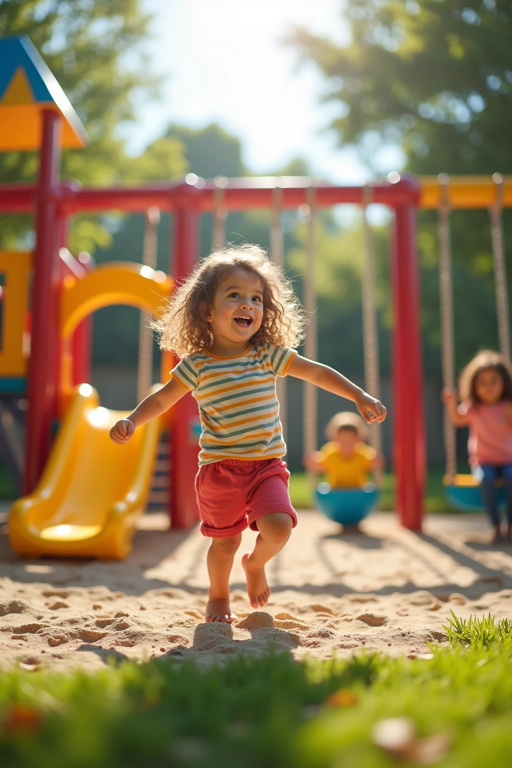 Child climb up on slide stairs