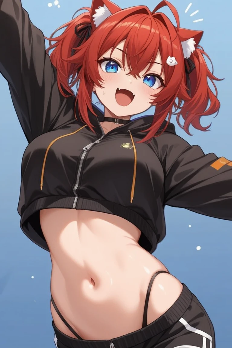 1girl, solo, long hair, looking at viewer, smile, bangs, thighhighs, navel, hair between eyes, twintails, sitting, closed mouth, underwear, ahoge, red hair, fang, black thighhighs, flat chest, orange eyes