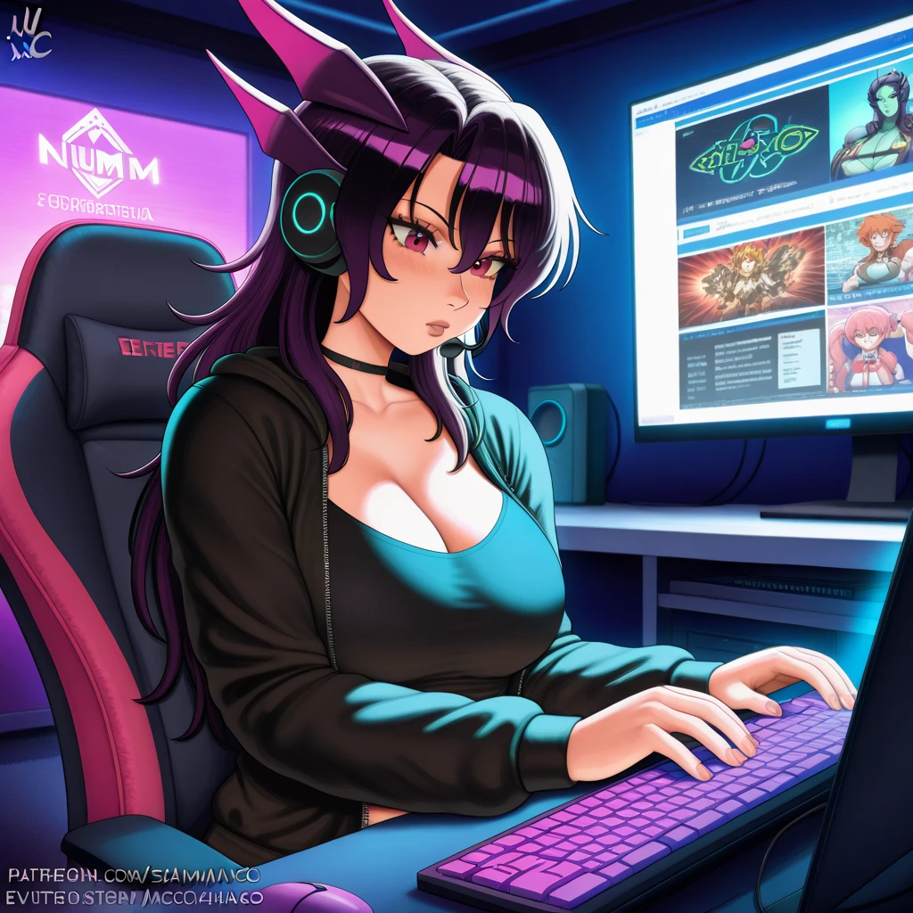 A sorceress with long red hair, long black low-cut dress, black feathers on the shoulders of the dress, bountiful breasts, evil gaze, sitting on the pink gaming chair, a blackboard on the back left written "subs & bits", wearing pink headphones