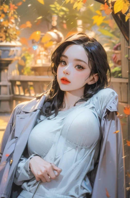Beautiful girl with realistic black eyes, pale skin, medium length black hair, perfect face, perfect eyes, wearing a coat, very detailed, comprehensive movie, digital painting, 8K, cinematic lighting, highest quality, High resolution, Fine work, Post-processing, perfect result, surreal，(((revealing clothes)))，erect nipples