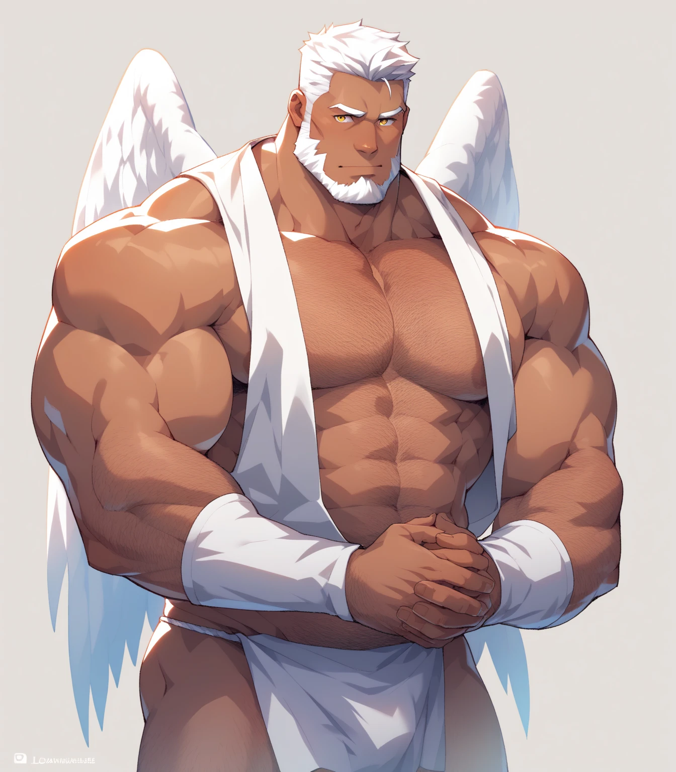 Femboy, long white hair, halo, big angel wings, gigantic muscle, erect snake penis, 4 arms, full body.