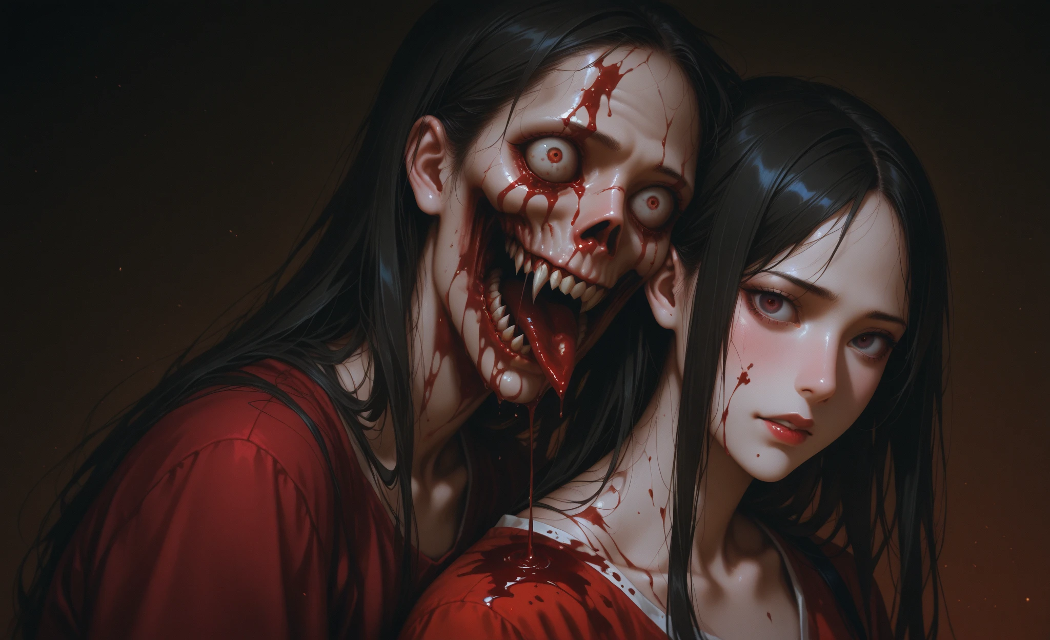 A pair of brother and sister killers,Abstract style:1.1, dark background,sharp focus,visceral violence,bright colors,high resolution,studio lighting,extremely detailed description,Physically based rendering,fear,Red accent,ominous lighting,A threatening expression,Sinister atmosphere,Powerful and detailed weapon, blood spatter,evil smile,shocking existence,dramatic shadows.
