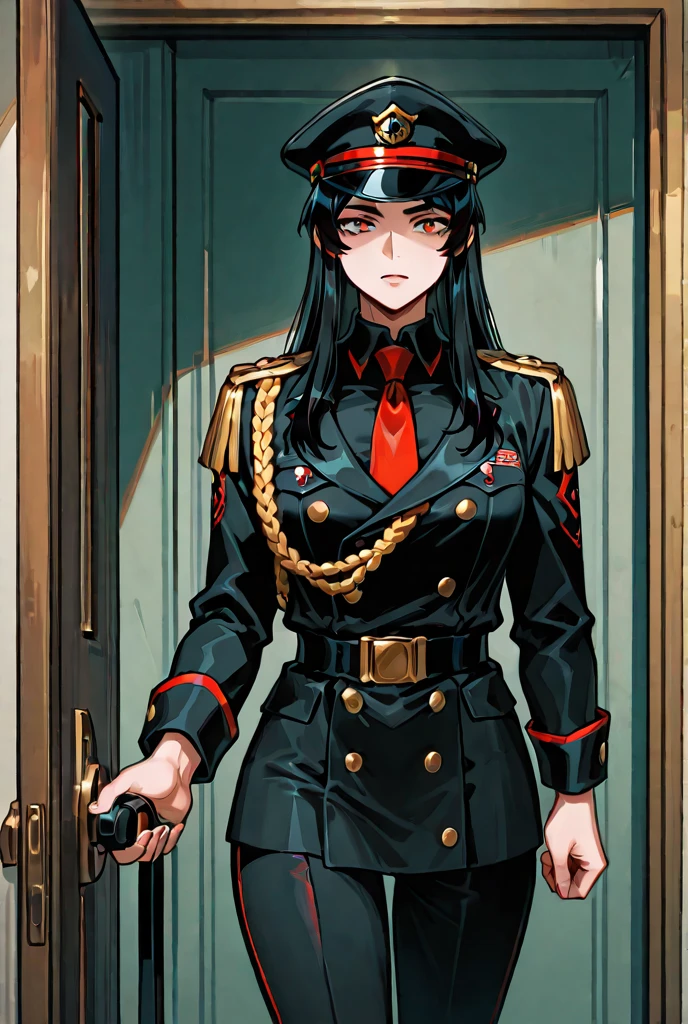 masterpiece, best quality, absurdres, high resolution, extremely detailed, 1girl, solo, cowboy shot, upper body, ((court uniform,black uniform, double breasted,austrian knots sleeve,medals, IJA kepi with white and red plume, hat,kepi, )), large breasts, mature female, sexy body, breasts, narrow waist, black long hair, blunt bangs, red eyes, evil smile, smug, swept bangs, indoors, palace, courtroom, <lora:IJAuniform-v0:0.85> <lora:ooyari-style_v1.0:0.75>